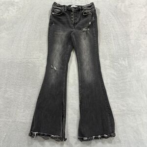 Flying Monkey Jeans Mid Rise Flare Wide Cuff Split 28  Hem Charcoal Y2K